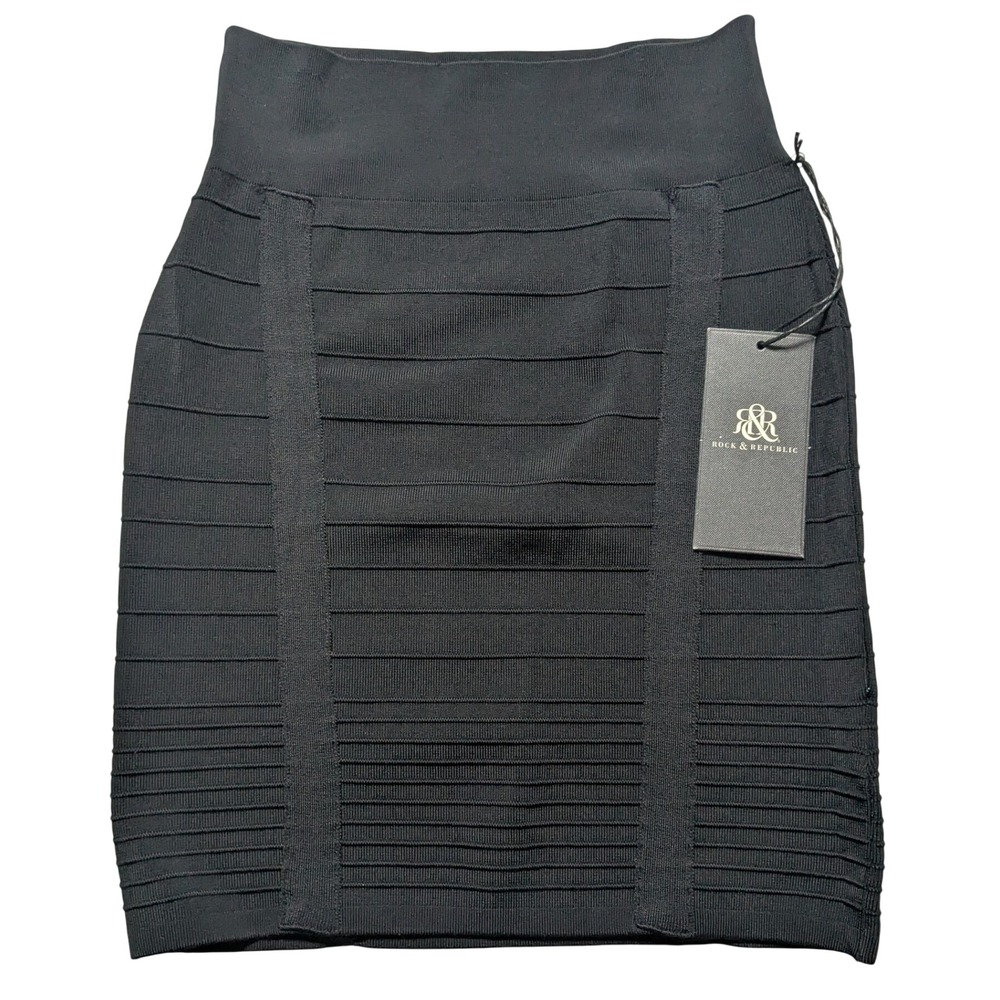 Rock & Republic Black Tie Bandage Knit Mini Skirt Bodycon RR112501 Small NEW